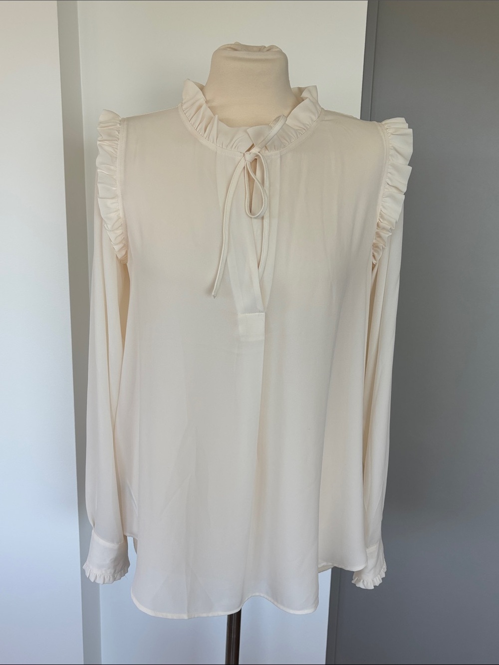 LOFT Cream Ruffle Tie-Neck Blouse